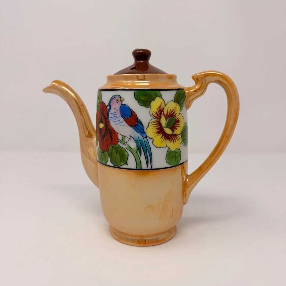 Vintage Japanese Lusterware Teapot Peach Hand Painted Parrot‎ Floral Made Japan